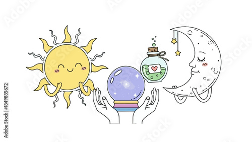Cute Cartoon Sun and Moon Characters Holding Crystal Ball and Magic Potion Bottle on Isolated White Background