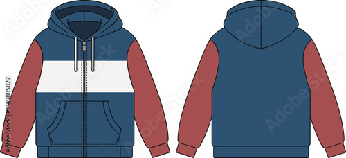 Color-block hoodie fashion illustration, dark blue, maroon, white stripe, zip-up, kangaroo pocket, front and back views, vector
