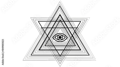 Esoteric Eye of Providence within Geometric Star of David Symbol on Isolated White Background