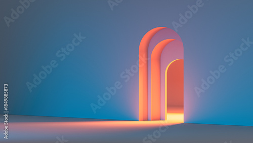Light shines through arches in a simple indoor space at dusk
