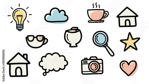 Collection of colorful hand-drawn simple doodle icons including lightbulb, cloud, coffee cup, and common objects on isolated white background.