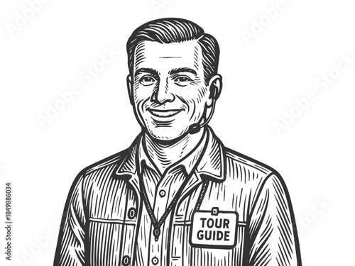 smiling male tour guide wearing a headset and name tag, dressed in professional attire sketch engraving generative ai fictional character vector illustration. Scratch board. Black and white image.