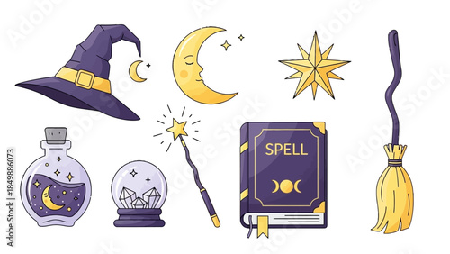 Set of colorful magic and witchcraft elements including witch hat, spell book, potion, and crystal ball, mystical collection on isolated white background.