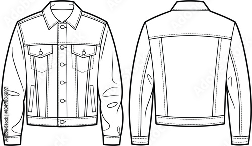 Denim jacket technical flat sketch, front and back views, button-down, flap pockets, black and white vector, isolated