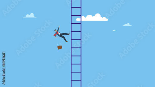Aspiration businessman falling from high ladder or stair cases. Business failure, aim too high and accident fall from ladder of success, career or job position demote or investor losing money.