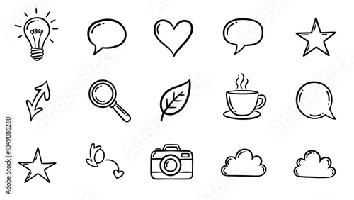 Collection of hand-drawn simple doodle icons including lightbulb, speech bubbles, heart, star, and common objects on isolated white background.