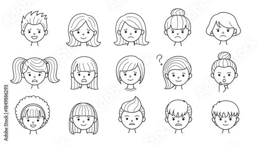 Collection of hand-drawn female faces with diverse hairstyles and emotions, black and white outline avatars on isolated white background.