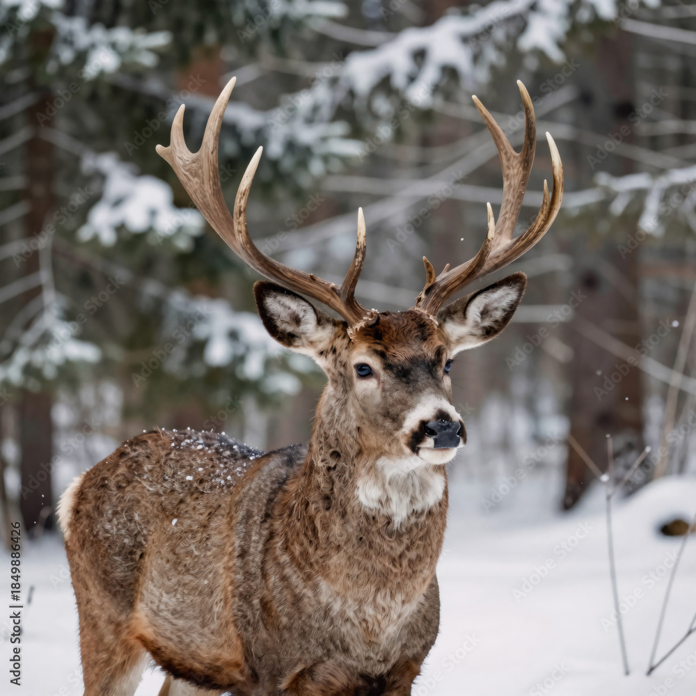 Obraz premium Winter forest scene featuring a majestic big buck deer