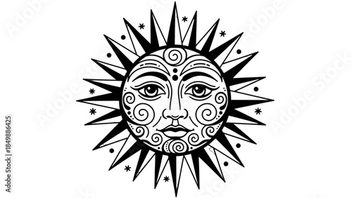 Intricate Black and White Sun Symbol with a Face and Decorative Rays, isolated white background.