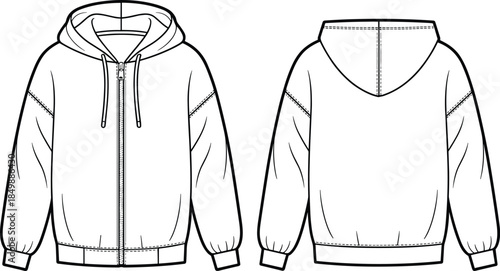 Hooded jacket technical flat sketch, front and back views, zipper, drawstring, ribbed trim, black and white vector, isolated