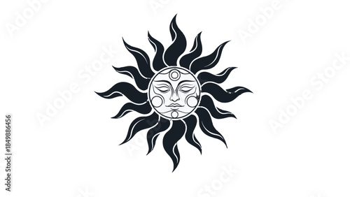 Stylized Black and White Sun Symbol with a Face in a Mystical or Ancient Design, isolated white background.