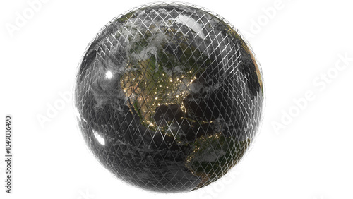 Global security crisis, Earth trapped inside damaged wire mesh cage - Political and environmental concept created by 3D modeling.