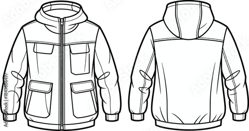 Hooded jacket technical flat sketch, front and back views, zipper, flap pockets, quilted seams, black and white vector