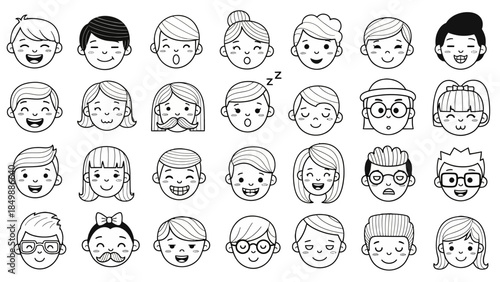 Diverse Happy Cartoon Faces Doodles Collection with Various Emotions, isolated white background.