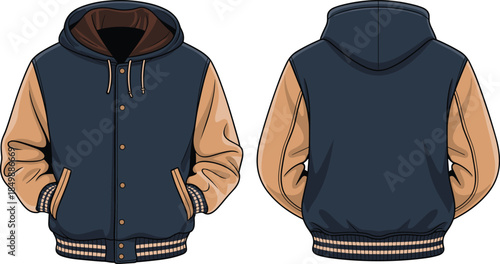 Hooded varsity jacket fashion illustration, dark blue and tan, checkered rib trim, button-up, front and back views, vector
