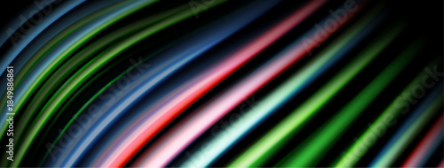 Abstract colorful lines radiate from left, creating dynamic visual effect. Dark background emphasizes bright streaks.