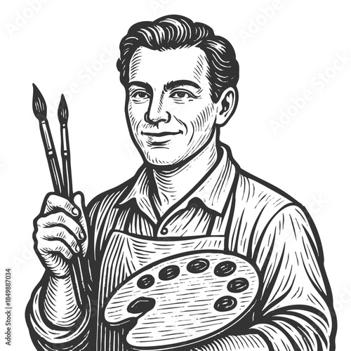 smiling male artist holding two paintbrushes and a traditional painters palette sketch engraving generative ai fictional character vector illustration. Scratch board imitation. Black and white image.