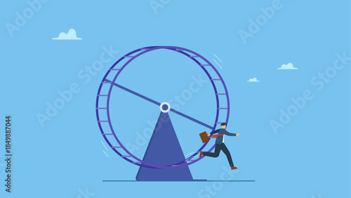 Smart businessman jump out from trapped rat race wheel. Exit rat race, breaking work routine escape from disappoint paychecks or toxic daily work environment.