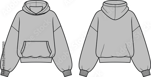 Hoodie technical flat sketch, front and back views, kangaroo pocket, drawstring hood, seam details, black and white vector