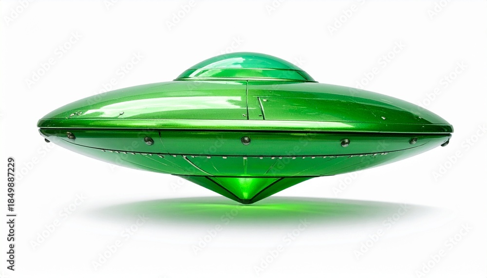 Fototapeta premium Green toy-like UFO with dome top, metallic trim, and rounded landing legs on white surface.