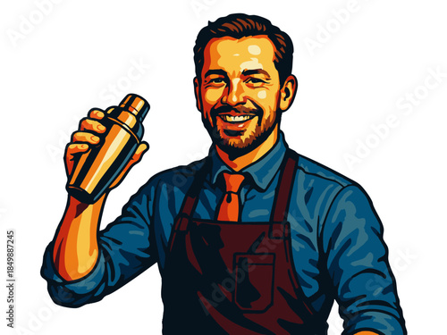 Cheerful bartender holding a cocktail shaker, perfect for bar, nightlife, or beverage themes. Generative ai vector colorful pop art illustration.