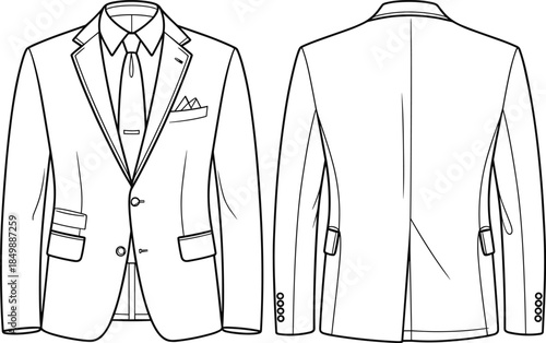 Men’s suit jacket technical flat sketch, notched lapel, pocket square, front and back views, black and white vector