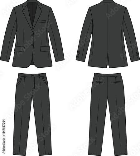 Men’s formal suit fashion illustration, blazer and trousers, notched lapel, front and back views, vector, isolated, tailoring