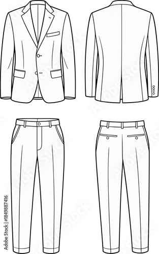 Men’s suit technical flat sketch, blazer and trousers, front and back views, tailoring details, black and white vector