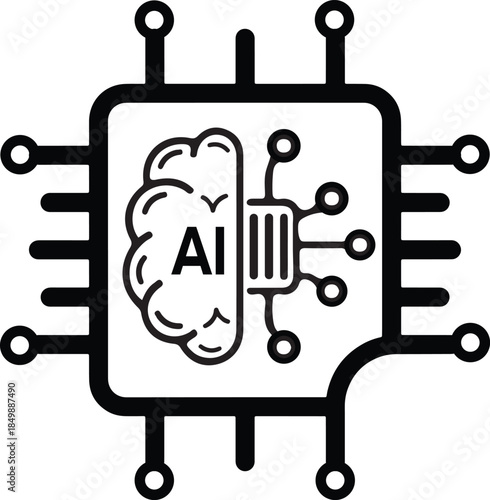 Artificial intelligence brain symbol on computer chip processor icon vector illustration Microchip technology icon super computer processor electronic hardware AI tech design 