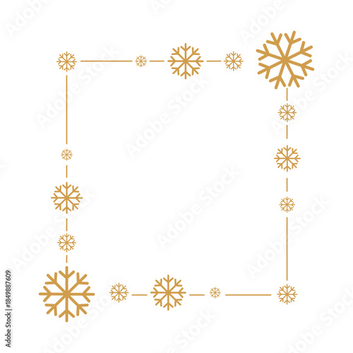 Minimalist golden snowflake square frame on white background, elegant winter and Christmas border design ideal for greeting cards, invitations, photo frames, social media posts