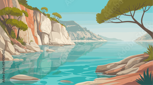 Modern flat vector illustration of a Mediterranean coastline with white limestone cliffs aquamarine water rocky shore and calm coastal atmosphere.