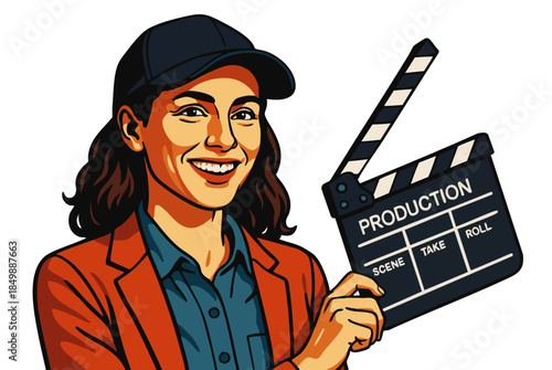 smiling female movie director wearing a headset and cap, holding a clapperboard during production. Generative ai vector colorful pop art illustration.