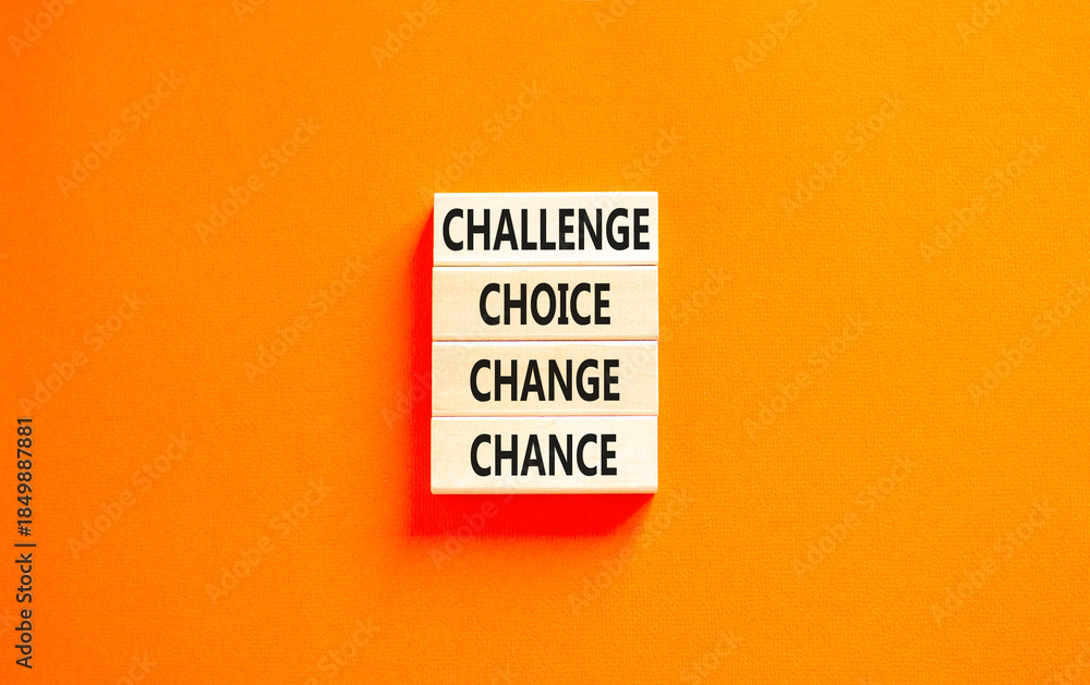 Naklejka premium Challenge choice change chance symbol. Concept words Challenge choice change chance on beautiful wooden blocks. Beautiful orange background. Business Challenge choice change chance concept. Copy space