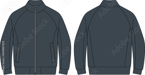 Raglan sleeve zip-up jacket technical sketch, high collar, slanted zip pockets, ribbed hem and cuffs, front and back views