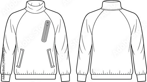 Raglan sweatshirt technical flat sketch, zip pockets, high collar, front and back views, black and white vector, isolated