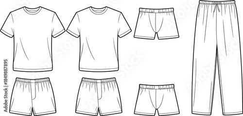 Sleepwear and loungewear fashion illustration set, t-shirts, shorts, pants, black and white vector, isolated, stock design