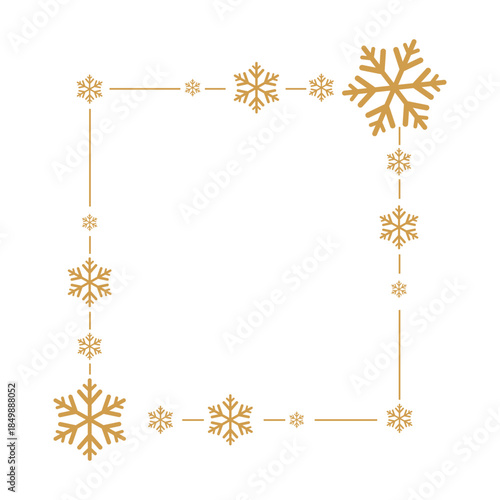 Minimalist golden snowflake square frame on white background, elegant winter and Christmas border design ideal for greeting cards, invitations, photo frames, social media posts