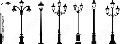 Street lamp silhouette set, vintage and modern styles, urban lighting icons, black vector, isolated, stock illustration