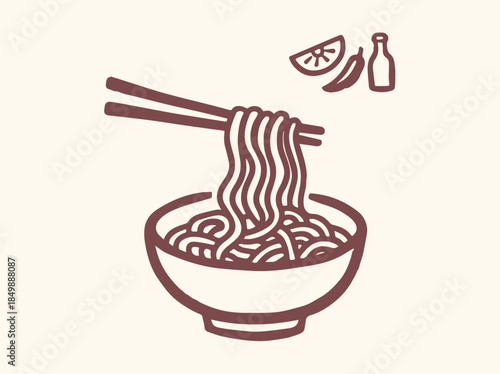 Noodles Bowl With Chopsticks Minimal Line Icon Vector Illustration