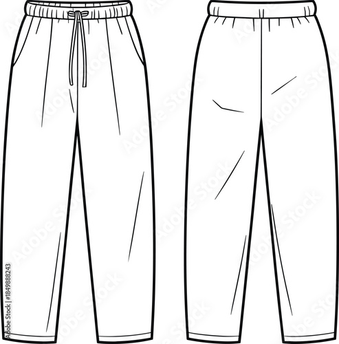 Sweatpants technical flat sketch, front and back views, drawstring waist, cuffed hem, black and white vector, isolated