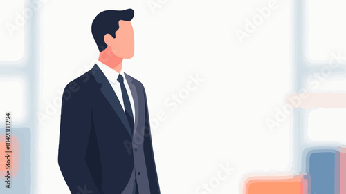A man in a business suit at a copy space. An image evoking a man's career development and future. Work styles. Job changes. Career advancement.