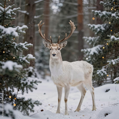 Wallpaper Mural Wintery forest scene with a deer amidst snow-covered trees, suitable for Christmas or New Year's postcard design Torontodigital.ca