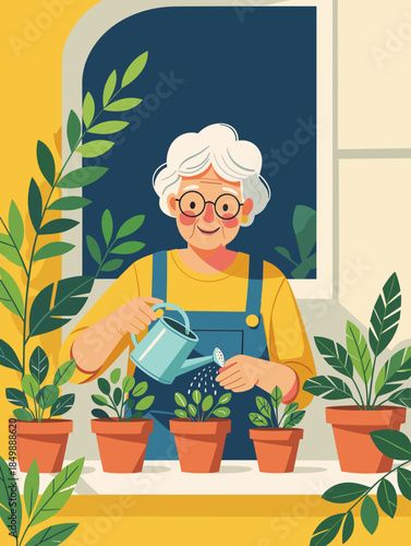 Elderly woman watering plants on windowsill in bright indoor garden
