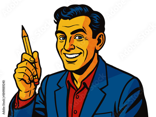 cheerful male cartoonist or animator holding a pencil, dressed in a blazer with a creative expression. Generative ai vector colorful pop art illustration.
