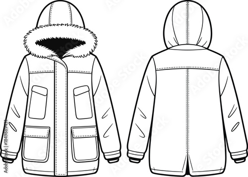 Winter jacket technical flat sketch, hood with fur trim, flap pockets, front and back views, black and white vector
