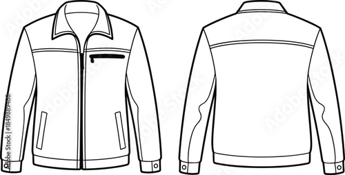 Zippered jacket technical flat sketch, front and back views, stand collar, flap pockets, black and white vector, isolated