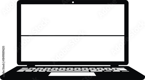 Black and white image of an open laptop computer