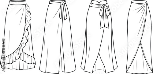 Wrap skirt fashion illustration set, ruffle, slit, bow tie, drape styles, black and white vector, isolated, stock design