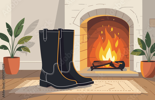Black boots drying near cozy fireplace in warm living room