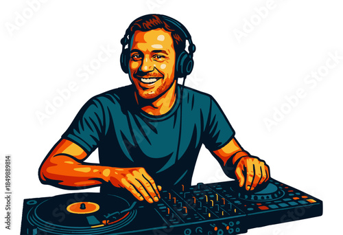 cheerful male DJ wearing headphones, using a turntable and mixer during a live music session. Generative ai vector colorful pop art illustration.